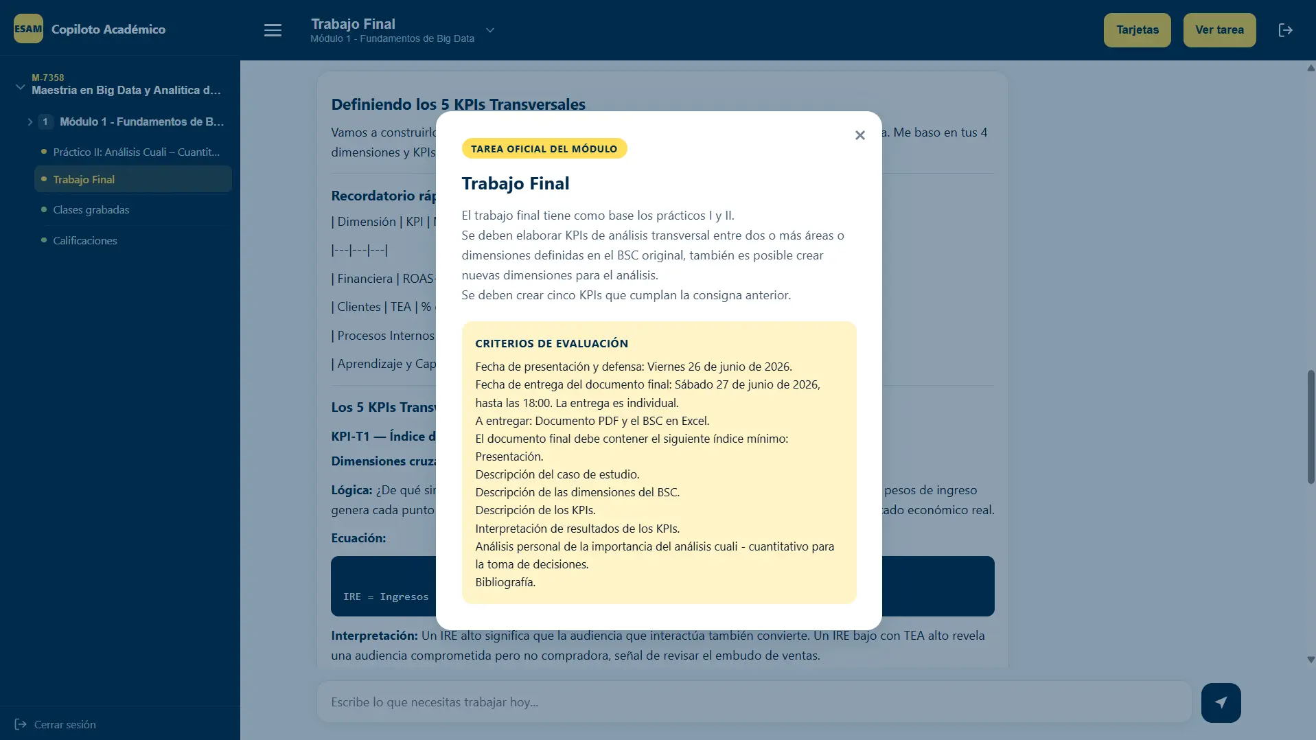 Ventana con la tarea oficial del módulo: enunciado del Trabajo Final y sus criterios de evaluación, con fechas de presentación y el índice mínimo exigido.