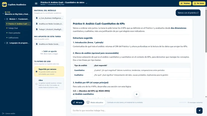 El Copiloto Académico propone la estructura de un trabajo práctico a partir del material del módulo y los apuntes del estudiante.