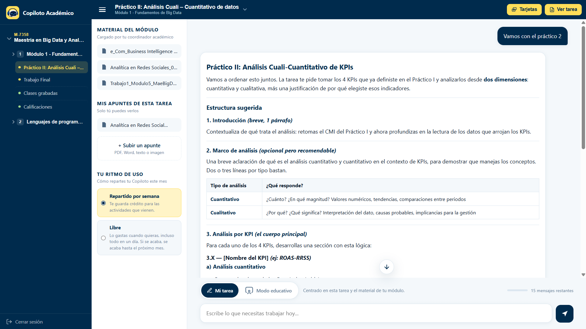 El Copiloto Académico propone una estructura para el Práctico II: introducción, marco de análisis y análisis por KPI, junto al material del módulo y los apuntes del estudiante.