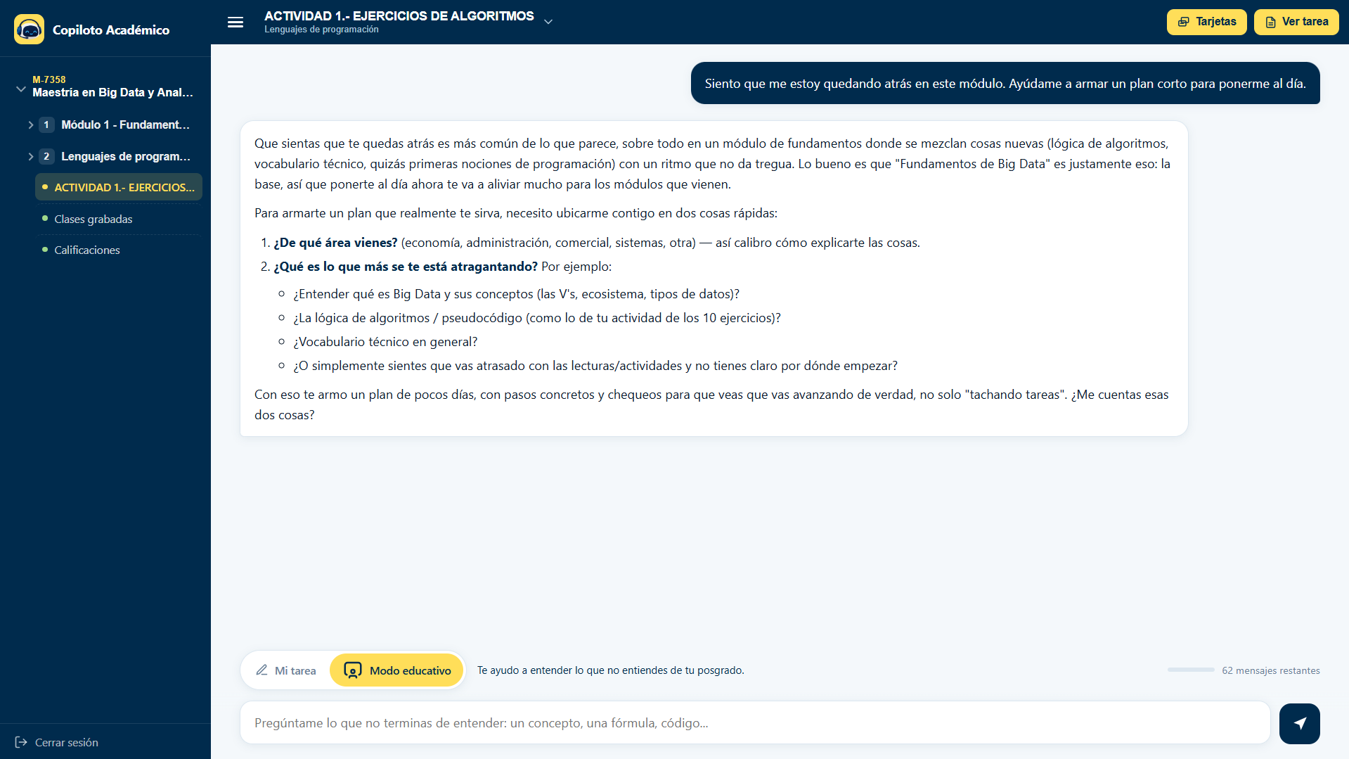 El cuaderno del Copiloto con el interruptor de modo bajo el chat: la opción Modo educativo activada en amarillo junto a Mi tarea, y el campo de escritura invitando a preguntar un concepto, una fórmula o código.