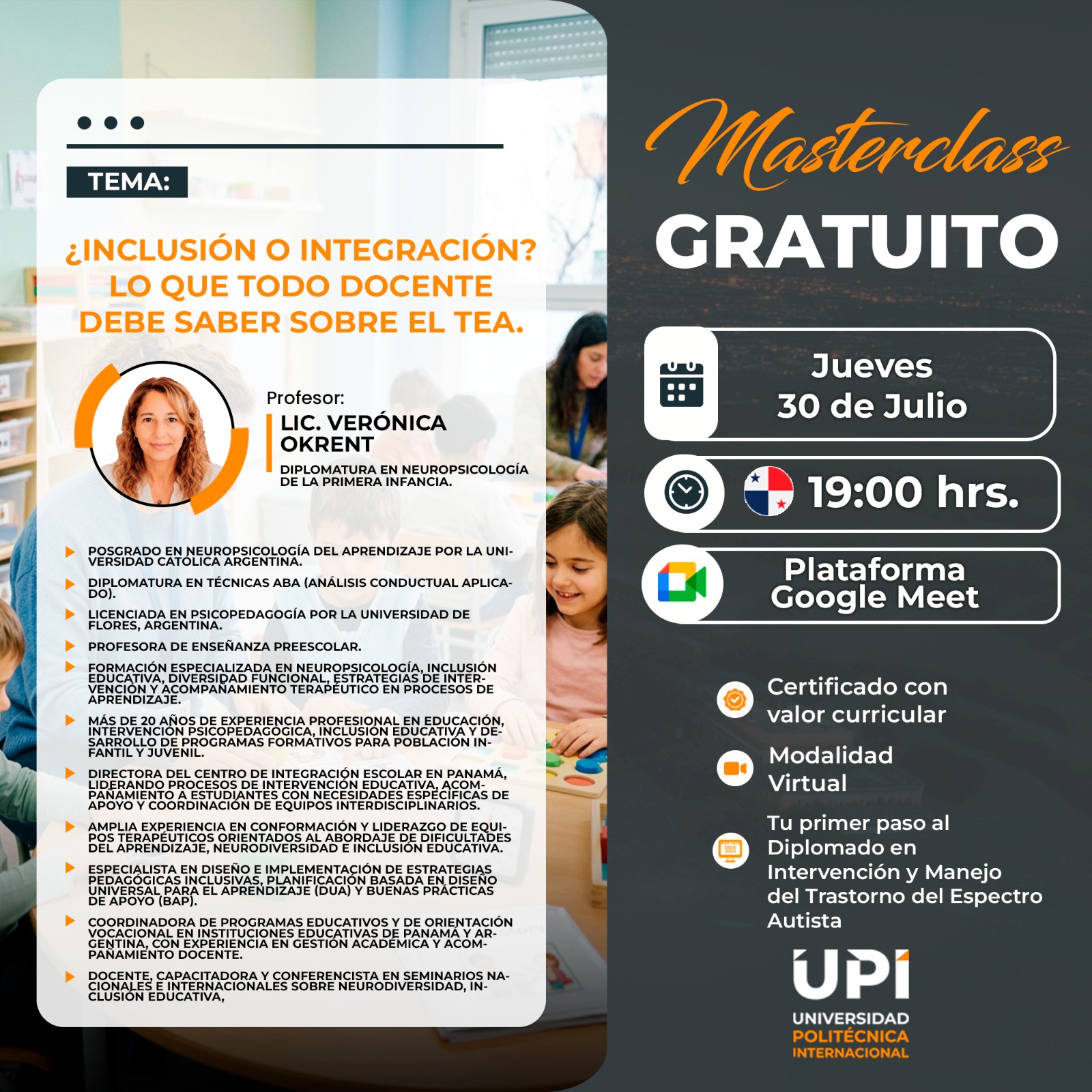 Portada del evento MATERCLASS: ¿INCLUSIÓN O INTEGRACIÓN? LO QUE TODO DOCENTE DEBE SABER SOBRE EL TEA