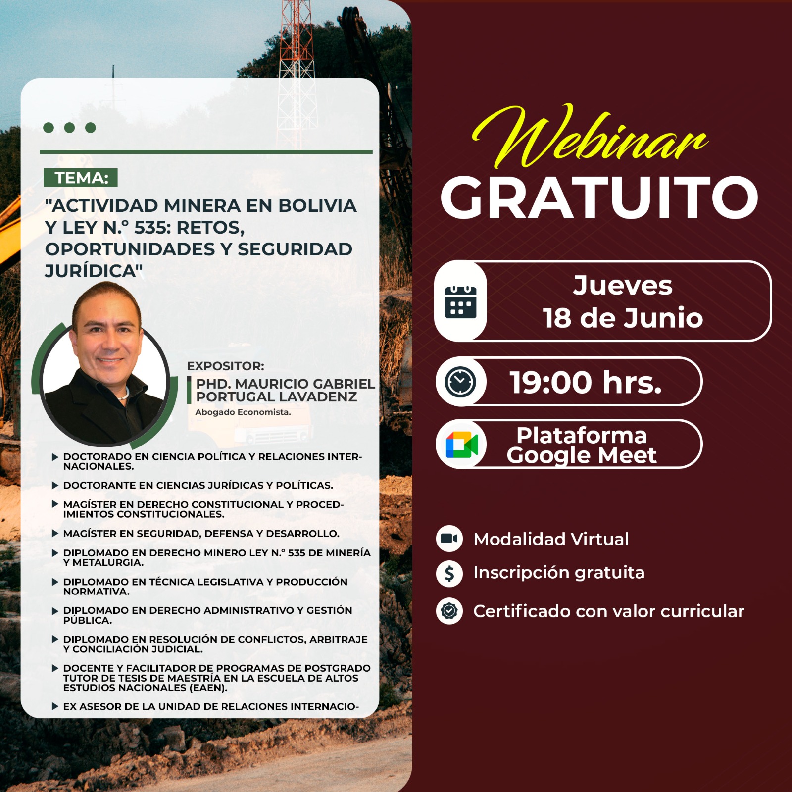 Portada del evento ACTIVIDAD MINERA EN BOLIVIA Y LEY N.º 535: RETOS, OPORTUNIDADES Y SEGURIDAD JURÍDICA